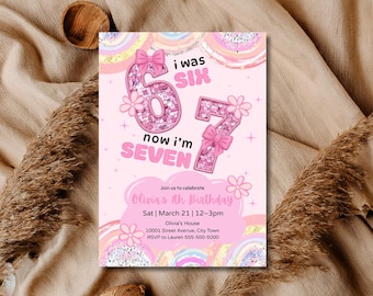 Pink Glitter 7th Birthday Invitation, Sequin Party (Digital Download)