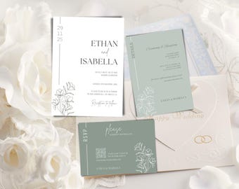 Invitaciones de boda en verde salvia, editables y minimalistas, con temática botánica, con tarjeta de confirmación de asistencia y detalles (plantilla de Canva)