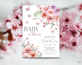 Invitación editable para baby shower de niña con flores silvestres en rosa y morado (5 x 7 pulgadas) - Plantilla imprimible de Canva