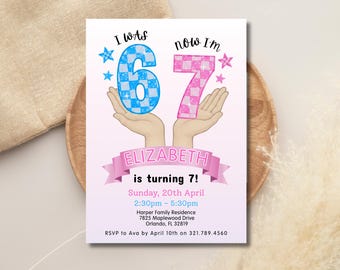 Invitación de cumpleaños con meme "Seis Siete" / Niña de 7.º cumpleaños, plantilla editable de Canva (descarga digital)