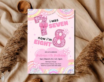 Invitación de octavo cumpleaños, fiesta de lentejuelas rosas brillantes, plantilla de Canva (descarga digital)