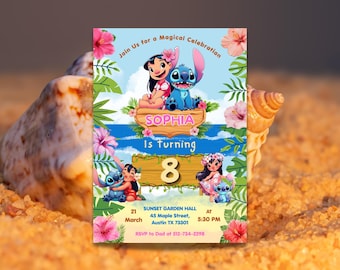Invitación de cumpleaños de Lilo y Stitch / Tema tropical hawaiano (Descarga digital)