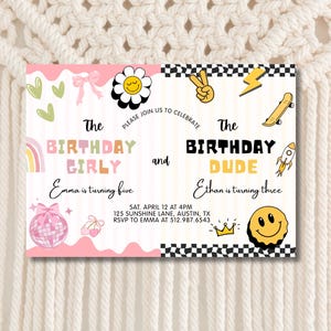May include: A vibrant birthday invitation with a pink and white design. The text reads "The Birthday Girly" and "The Birthday Dude". The invitation includes illustrations of a daisy, peace sign, skateboard, and a rocket. The invitation is for Emma and Ethan's birthday.