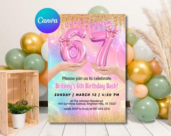 Invitación arcoíris para séptimo cumpleaños / Fiesta de niña pastel, plantilla editable de Canva (descarga digital)