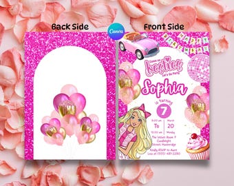Invitación de cumpleaños de muñeca de moda con purpurina rosa / Plantilla editable de Canva (descarga digital de 5x7)