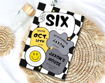 Invitación de cumpleaños con carita sonriente y estilo retro (editable) / Invitación de fiesta con emojis a cuadros retro (para cualquier edad) / Plantilla de Canva para cumpleaños "Five is a Vibe"