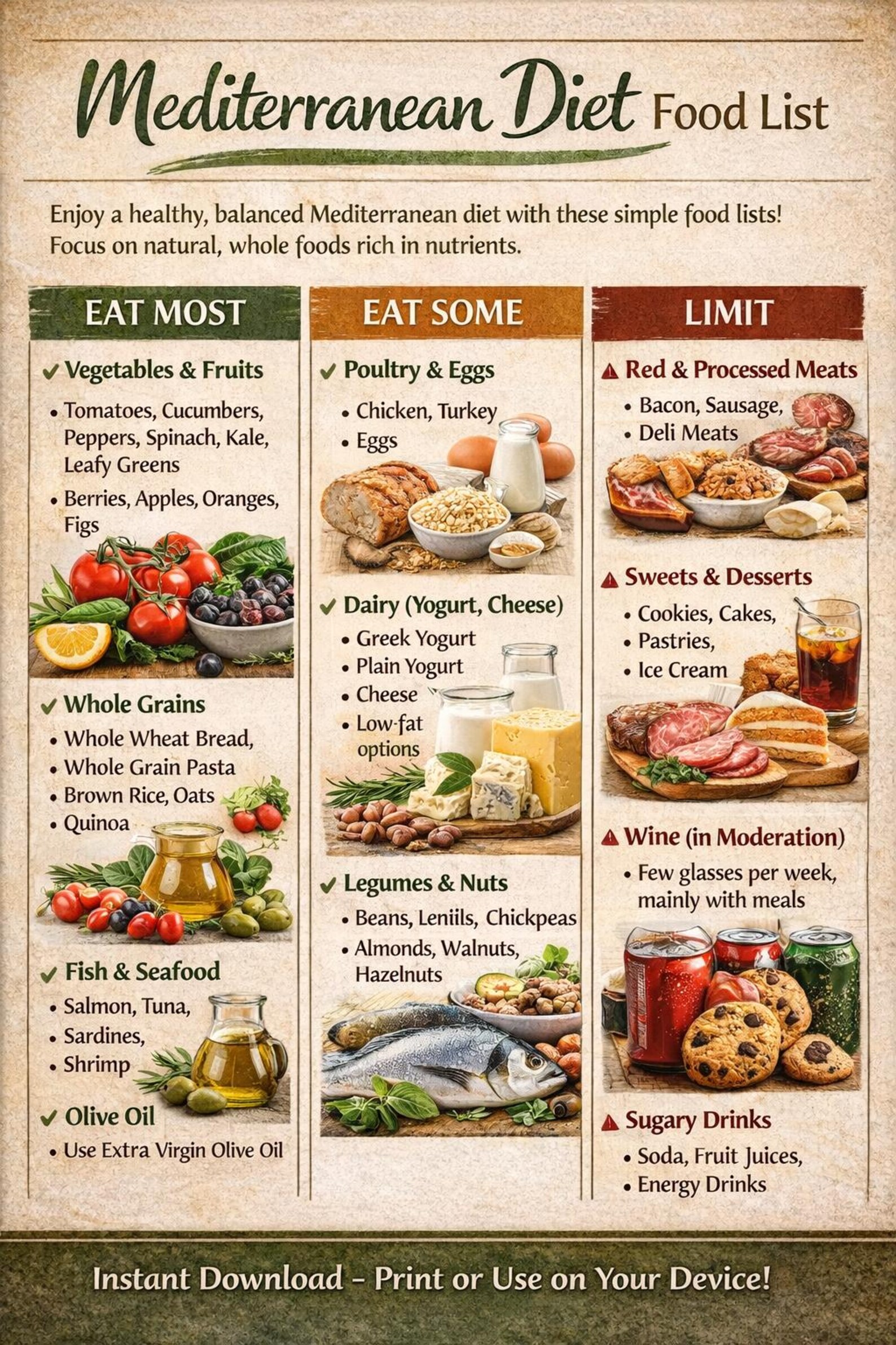 Mediterranean Diet Food List Printable PDF for Beginners Families ...