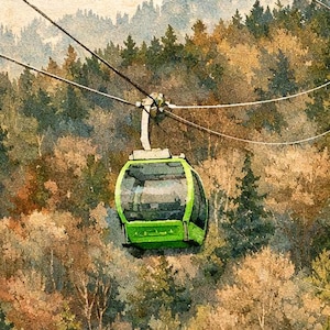 May include: Watercolor painting of a green cable car ascending over a forest. The trees display a mix of green, brown, and yellow hues, suggesting autumn. The sky is overcast, and the overall scene evokes a sense of tranquility.