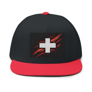 Swiss Cross Snapback Cap | Modern Switzerland Hat | Red Black Embroidered Flat Bill Cap | Swiss Flag Streetwear | Gift for Switzerland Fans