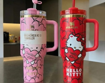 Vaso térmico de 40 oz con forma de corazón rosa y rojo, asa y tapa con pajita, taza de viaje de acero inoxidable con forma de gato