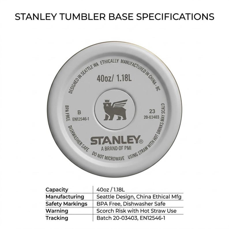 Puede incluir: Primer plano de la base de un vaso Stanley. La base blanca muestra el logotipo de la marca y especificaciones, incluyendo una capacidad de 1,18L. Libre de BPA y apto para lavavajillas. El texto "STANLEY TUMBLER BASE SPECIFICATIONS" est&aacute; en la parte superior.