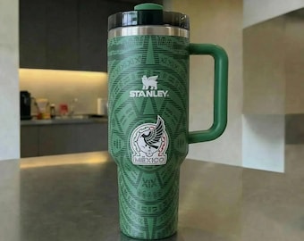 Mexico Football Tumbler with Handle Stainless Steel Insulated Cup Aztec Pattern Soccer Gift