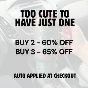Puede incluir: Un vaso Stanley verde y rojo con el texto "TOO CUTE TO HAVE JUST ONE". Tambi&eacute;n es visible el texto "BUY 2 - 60% OFF" y "BUY 3 - 65% OFF". Las palabras "AUTO APPLIED AT CHECKOUT" est&aacute;n en la parte inferior.