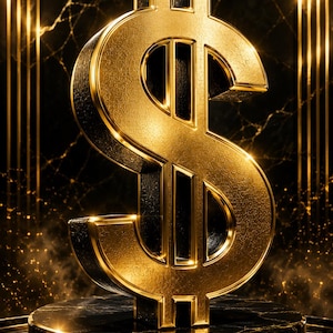 Peut inclure: Un symbole dollar en trois dimensions avec une finition dorée métallique sur le devant et des côtés noirs texturés, monté verticalement sur un piédestal circulaire en marbre noir avec des veines dorées et une bordure dorée.
