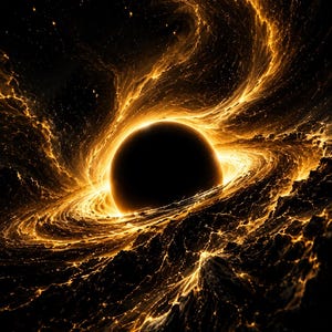 May include: A central black sphere surrounded by a swirling, luminous golden ring of light. The surrounding space features textured, dark, and glowing orange patterns that resemble a cosmic event with bright, flowing energy currents.