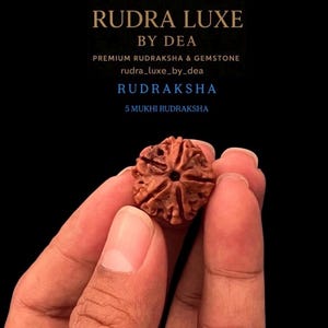 Könnte beinhalten: Nahaufnahme einer braunen, strukturierten Rudraksha-Perle, die in einer Hand gehalten wird, vor schwarzem Hintergrund. Die Perle hat sichtbare Rillen und ein zentrales Loch. Text: "RUDRA LUXE BY DEA" und "5 MUKHI RUDRAKSHA".