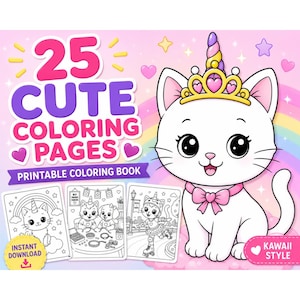 Enhörningskatt målarbilder utskrivbara PDF för barn söt kawaii målarbok Kittycorn aktivitetssidor direkt nedladdning Caticorn målarbilder