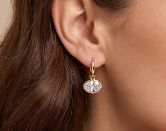 Orecchini pendenti ovali in oro 18 carati con zirconi cubici, orecchini a cerchio solitario, orecchini pendenti scintillanti, gioielli da sposa delicati, regalo per lei