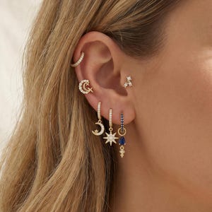 18K Gold Filled Celestial Huggie Hoop Earrings, CZ Moon Star Earrings, Sapphire Drop Earrings, Ear Stack Jewelry Gift for Women