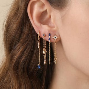 18K Gold Filled Blue Sapphire Star Chain Dangle Earrings, Celestial CZ Drop Earrings, Long Chain Earrings, Dainty Gold Earrings Gift for Her