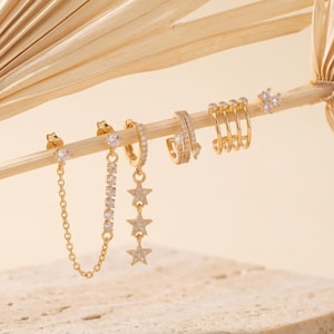 Oorbellen set van 18 karaats verguld goud, stapeloorbellen met zirkonia en kristallen, oorringen met sterrenketting, delicate gelaagde gouden oorbellen, cadeau voor haar