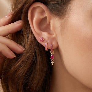 18K Gold Filled Ruby CZ Earrings Set, Pink Flower Studs, Huggie Hoop Earrings, Dangle Drop Earrings, Ear Stack Gift for Her