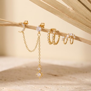 18K Gold Filled Ear Cuff Set, CZ Moon Star Earrings, Dainty Gold Hoop Earrings, Celestial Jewelry, Trendy Stackable Earrings Gift For Her