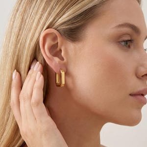 18K Gold Filled Rectangle Hoop Earrings, Chunky U Shape Geometric Hoops, Minimalist Statement Gold Jewelry, Lead Nickel Free, Gift for Her