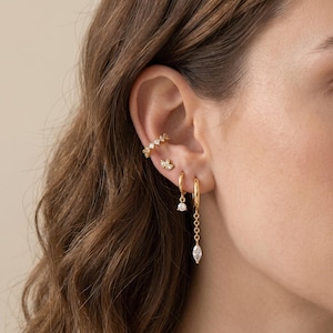 18K Gold Filled Dangle Huggie Earrings Set, CZ Chain Drop Earrings, Cartilage Ear Stack, Helix Hoop Earrings, Gift For Her
