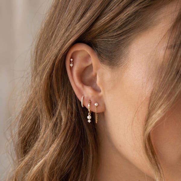 18K Gold Filled Pearl Earring Set, CZ Huggie Hoop Earrings, Pearl Drop Earrings, Chain Earrings, Dainty Ear Stack Set