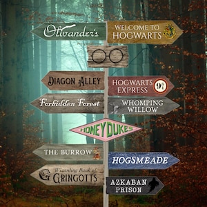 May include: A wooden signpost with directional signs pointing to various locations, including "Olivander's," "Diagon Alley," and "Hogwarts." The signs are in various colors and shapes, with text and graphics.