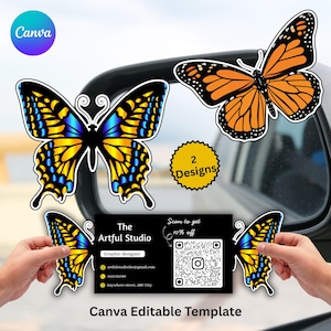 Könnte beinhalten: Bearbeitbare Canva-Vorlage mit Schmetterlingsdesigns. Ein Schmetterling hat blaue, gelbe und schwarze Muster, der andere ist orange und schwarz. Enthält eine Visitenkarte mit Kontaktdaten und einen QR-Code für 10% Rabatt.