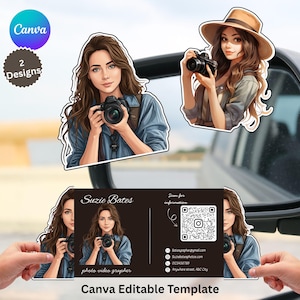 Vrouwen meisje fotograaf camera, gestanste gevouwen kaart digitale opvouwbare kleine visitekaartjes bewerkbare canvas sjabloon DIY afdrukbare pdf-download