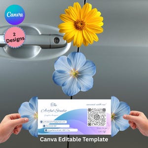 Geelblauwe bloemsjabloon, gestanst gevouwen visitekaartje digitaal opvouwbare QR-codekaarten canva bewerkbaar ontwerp DIY-kunstproject afdrukbare pdf