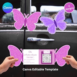 May include: Two butterfly designs, one glittery pink and one purple, are displayed on a dark background. A business card with the text "The Artful Studio" and a QR code is also present. The Canva logo is in the upper left corner.