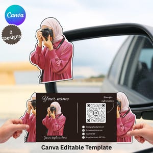 Hijabi girl photographer camera Die cut folded card digital foldable small business cards canva editable template DIY printable PDF download
