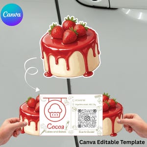 Bakery cake fold able card template Die cut folded business, Cafe digital QR code cards canva editable design DIY art project, printable PDF