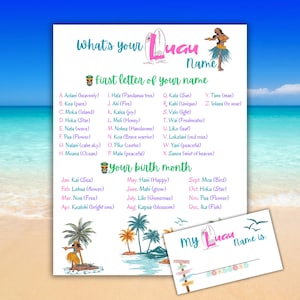 May include: A white paper with the text "What's your Luau Name" and a list of names and birth months. The design includes a surfboard, a hula dancer, and tropical scenery. A smaller card reads "My Luau Name is:" with a space for a name.