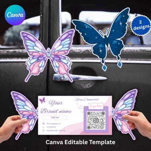 Peut inclure: Modèle modifiable Canva sur le thème des papillons, avec deux motifs. Un papillon est violet, rose et bleu, l'autre est bleu foncé avec des étoiles. Comprend un modèle de carte de visite avec le texte "Your Brand name" et "Scan Me!"