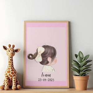 May include: A framed illustration featuring a child's profile with dark hair and a cream-colored bow. The artwork is set against a pink background, with the name "Ivana" and the date "23-04-2025" below. A stuffed giraffe and potted plant are also in the image.
