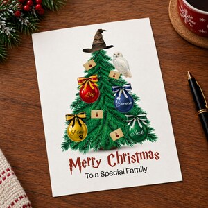 May include: A white greeting card featuring a green Christmas tree decorated with a brown wizard hat, a white owl, and four colored ornaments labeled Lily, Emma, Pine, and Jack. The text reads Merry Christmas To a Special Family in red and black.