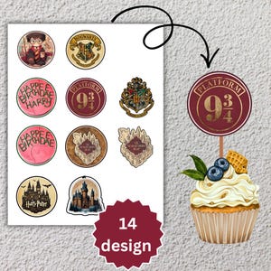 May include: A sheet of 14 circular designs featuring Harry Potter-themed graphics, including Hogwarts crests, Platform 9 3/4, and birthday greetings. A cupcake with a Platform 9 3/4 topper, blueberries, and a waffle is also shown.