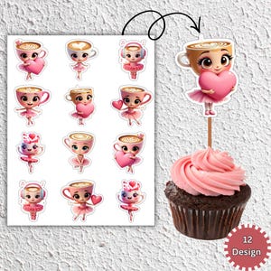 Może przedstawiać: Arkusz naklejek z postaciami z kreskówek w filiżankach do kawy, trzymającymi serca i noszącymi tutu. Babeczka z różowym lukrem i nakładką z postacią filiżanki do kawy trzymającą serce. Obraz zawiera tekst "12 Design".