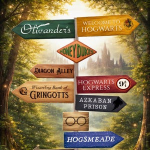 May include: A wooden signpost with directional signs for various locations, including Olivander's, Hogwarts, Honeydukes, Diagon Alley, Gringotts, Hogwarts Express, Azkaban Prison, and Hogsmeade. The signs are in various colors and styles, with a forest background.