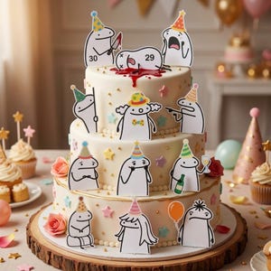 Puede incluir: Un pastel blanco de tres niveles decorado con pequeñas cuentas doradas, estrellas en tonos pastel y rosas rosadas. El pastel está cubierto con varios recortes de personajes de dibujos animados con gorros de fiesta, uno con un cuchillo.