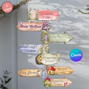 May include: A vertical arrangement of eight wooden-style directional signs featuring illustrations of fairy-tale elements. The signs display the text: Enchanted Forest, Pixie Hollow, Wishmaker's Grove, Moonlight Meadow, Whispering Woods, Fairy Garden, Gnome Land, and Butterfly Grove.