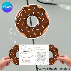 May include: A chocolate frosted donut with colorful sprinkles. The donut is part of a business card design for "Cocoa Cakes and Bakes". The card includes a QR code, contact info, and the text "Scan for Socials!"
