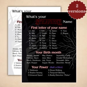 May include: Two versions of a black and white Stranger Things name generator. The first section is "First letter of your name", followed by "Your Birth month", and "Your Power (Roll a Dice)". The image has a burgundy "2 versions" sticker.
