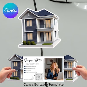 May include: A Canva editable template showcasing a miniature house model with a navy blue and white facade. The design incorporates a business card with a realtor's details and a photograph. The Canva logo is present.