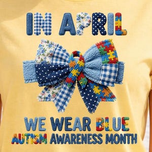 4月は青い服を着る PNG、自閉症啓発パッチワークリボンデザイン、アップリケ生地パズルリボン PNG、自閉症支援昇華プリントダウンロード